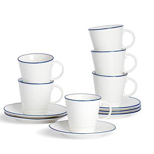 Nicola Spring Juego de Tazas para café o té y platillos - Estilo rústico - Blanco/Azul - 250 ml - Pack de 12