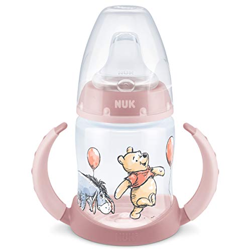 NUK First Choice+ - Biberón para aprender a beber de 6 a 18 meses, boquilla antigoteo, asas ergonómicas, válvula anticólicos, 150 ml, sin BPA, diseño de Winnie the Pooh de Disney, color rosa (niñas)