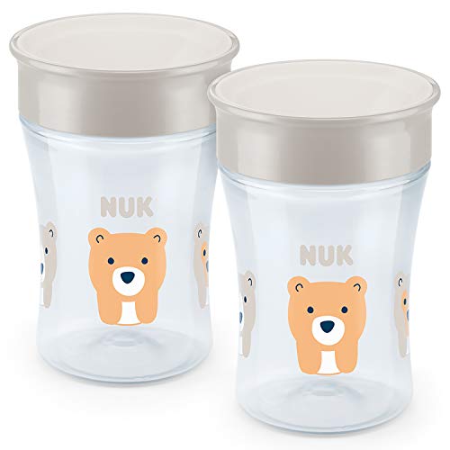Nuk Magic Cup - Vaso para aprender a beber (2 unidades, borde de 360°, cristal de silicona, antigoteo, sin BPA, 230 ml) beige Oso (gris).