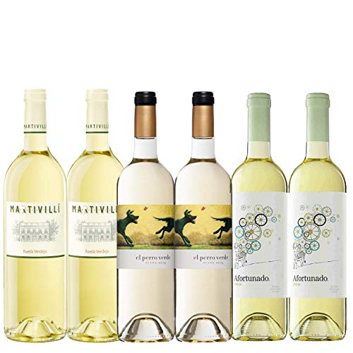 Pack Vino Blanco Verdejo | Vinos DO Rueda | Vinos Verdejo | 2 bot. Vino Perro Verde + 2 bot. vino Martivilli + 2 bot. Vino Afortunado