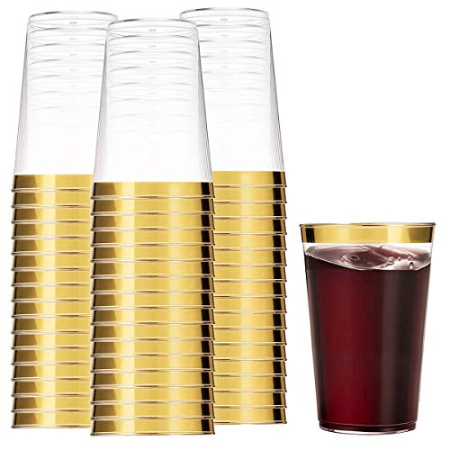 Paquete de 50 vasos dorados de 340 ml, vasos transparentes con borde dorado dorado, copas de boda reutilizables, elegantes copas de fiesta