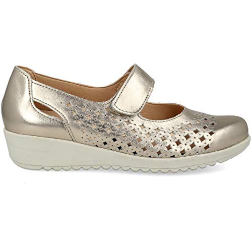 PAYMA - Zapatillas Deportivas Merceditas de Piel para Mujer. Zapatos Planos Casual Mercedita Blucher. Cierre Velcro. Piel Flexible. Máxima Comodidad. Color Champagne y Azul Marino.