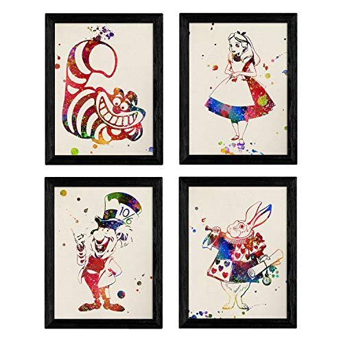 Set de cuatro láminas estilo explosión de color. Posters Alicia en el pais de las maravillas, Tamaño A4 Láminas de Alicia, el conejo, el sombrerero y el gato sin marco