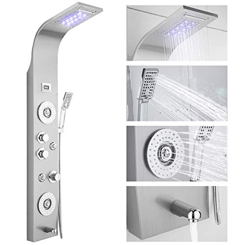 Sistema de panel de ducha multifunción torre de agua con lluvia masaje corporal aerosoles ducha de mano pantalla LED de temperatura con chorros de cuerpo y boquilla de tina acabado de níquel cepillado