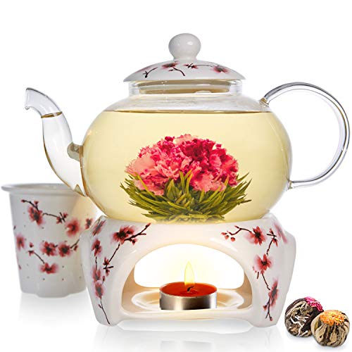 Teabloom Juego De Regalo Con Flor De Tetera Y Té De Flores - Tetera De Vidrio (800 ml), Tapa De Porcelana, Calentador De Tetera, Infusor De Té Suelto De Porcelana + 2 Tés De Flores