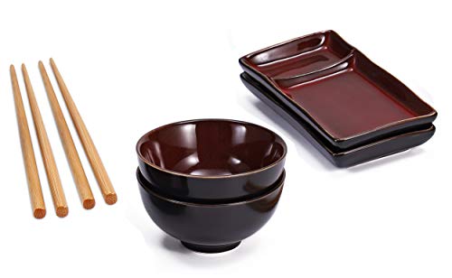 Urban Lifestyle Juego de sushi Misaki rojo vino para dos personas, 2 platos de sushi, 2 cuencos de cerámica, 2 pares de palillos de bambú