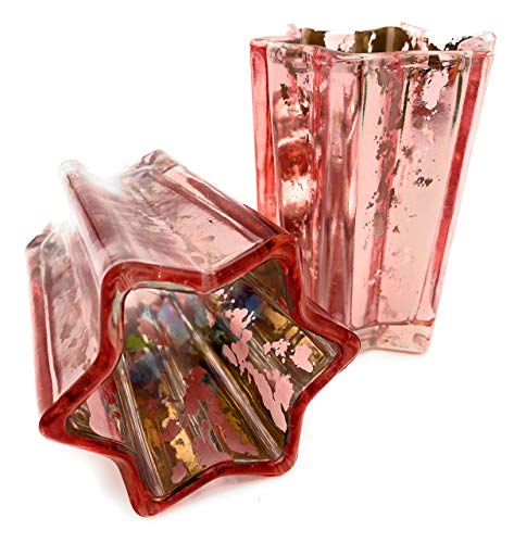 Velas de té con forma de estrella, cristal, crackle, color rosa, cobre, juego de 2 unidades, hechas a mano, 10 cm de altura