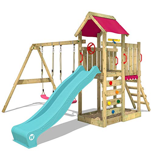 WICKEY Parque infantil de madera MultiFlyer con columpio y tobogán turquesa, Torre de escalada da exterior con arenero y escalera para niños