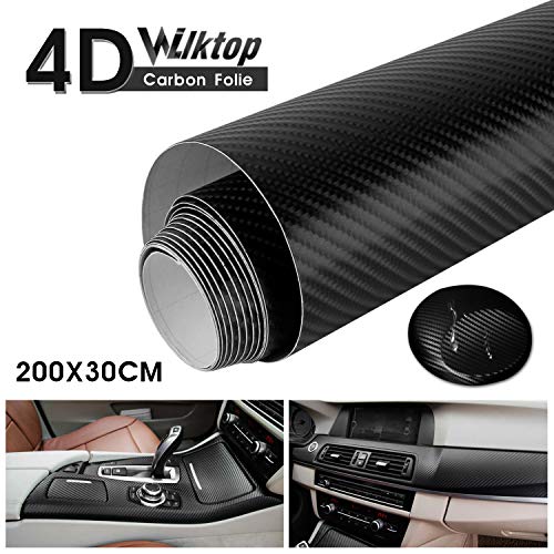 Wilktop Pegatinas Coche de Carbono 4D, Lámina de Coche de Vinilo Adhesivo Acabado Fibra de Carbono 4D Automóvil de Lámina de Coche de 0.19mm (30 x 200cm) Negro