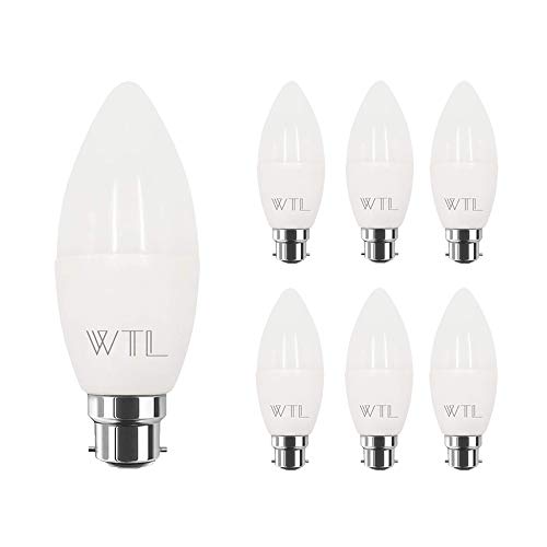 WTL Pack de 6 bombillas LED B22, equivalentes a 50 W (6 W), 3000 K blanco cálido, 500 lm, no regulable, bombilla de vela C37 con rosca Edison pequeña para ventilador de techo