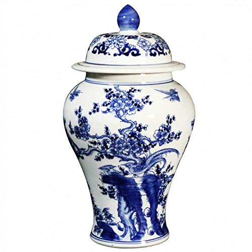 XXF-Shop Cerámica Antigua vasija Pintada a Mano Azul y Blanco de Porcelana Flores y pájaros de cerámica de Porcelana Tarro Templo florero
