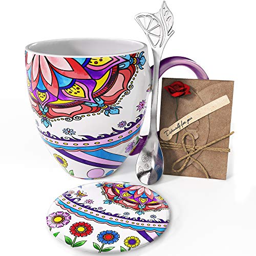 YC YANG CHAI YC Tranquility Cup - Set de regalo para los amantes del café (4 piezas, taza de café de porcelana XXL, platillo y cuchara extra larga)