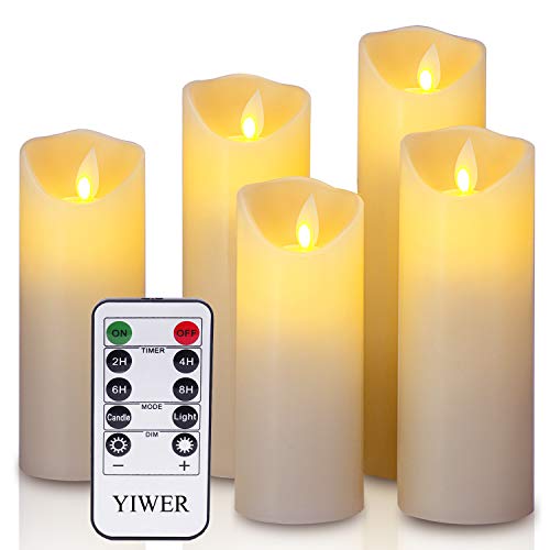 YIWER LED Velas sin Llama Φ 2.2 x H 5.5 "6"6.5"7"8"Juego de 5 Pilas de Cera Real no de plástico 10 Teclas con 2/4/6/8 Horas Función del Temporizador 300 Horas (5x1, Marfil)