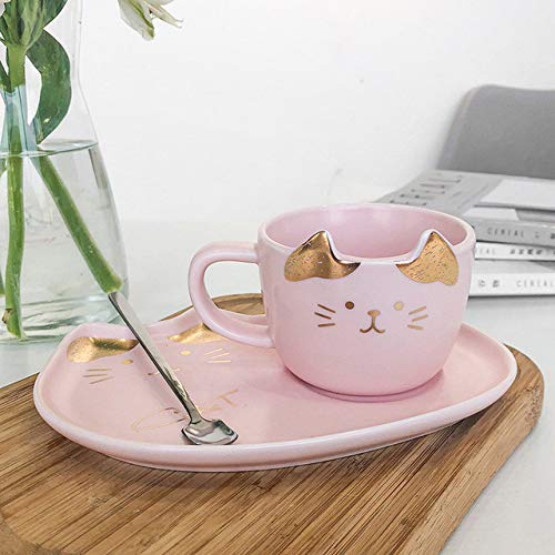 ZYJ Lindo Gato de cerámica Juegos de Tazas de café Contorno en Oro Oficina de Negocios Kitty Leche Taza de té Vaso Tazas Creativas，Pink
