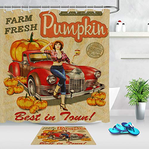 AdaCrazy Autumn Farm Fresh Pumpkin Set Cortina baño para Ducha Gancho Lona Incluye 12 Ganchos plástico Material Impermeable Alfombra baño Franela 40x60cm Cortinas baño 71x71 Pulgadas