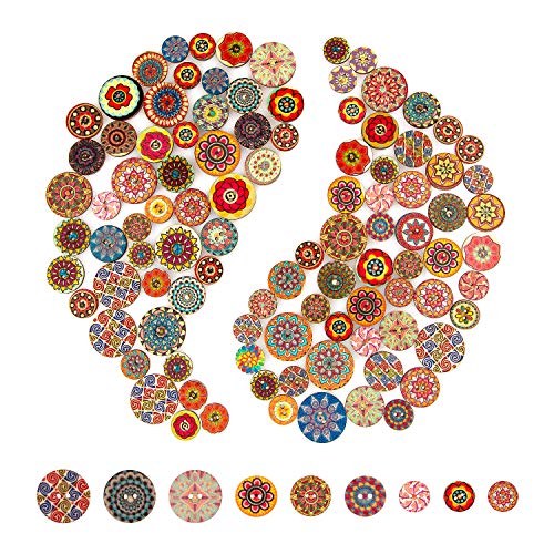 AIEX 100 piezas Mixto Botón Aleatorio Pintura de Flores Formas Redondas Madera Botones (15mm/20mm/25mm)