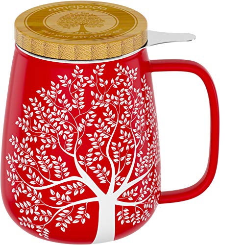 amapodo Taza de té con tapa y colador, 600 ml, porcelana, grande, juego XXL, color rojo, sin plástico