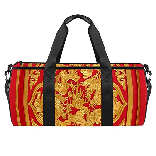 ASDFSD Bolsa de viaje grande bolsa de deporte bolso bolso de hombro bolso de fin de semana bolso para mujer y hombres de madera tallada en la puerta roja estilo chino
