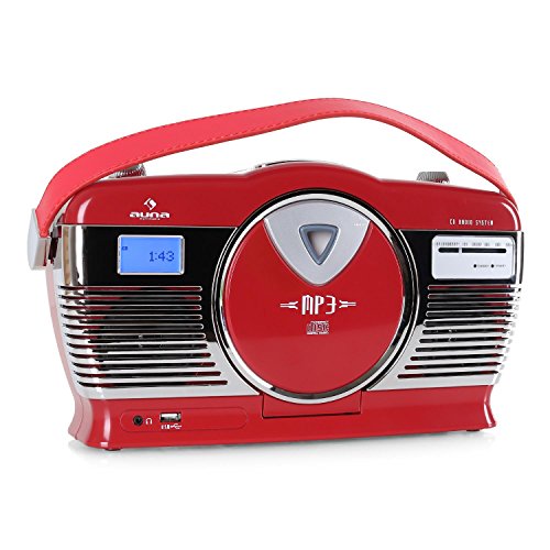 Auna RCD-70 - Sistema de Audio esteréo Retro (Radio FM, USB, Reproductor CD, Posibilidad Funcionamiento a Pilas, MP3, portátil) - Rojo