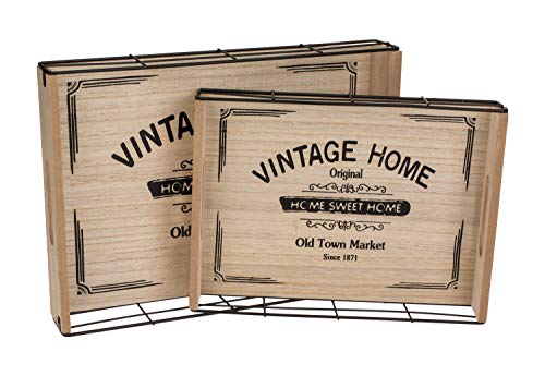 Bandeja de madera y metal con texto "Vintage Home", juego de 2, 34 x 24,8 cm y 28 x 20 cm
