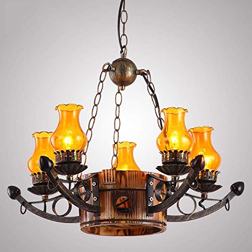 Beautiful lamps / Cadena creativa del hierro labrado de la lámpara antigua de la lámpara E14 amarillo de la vendimia del patrón de agua de cristal 5-lámpara de luces de techo retro pendiente de madera