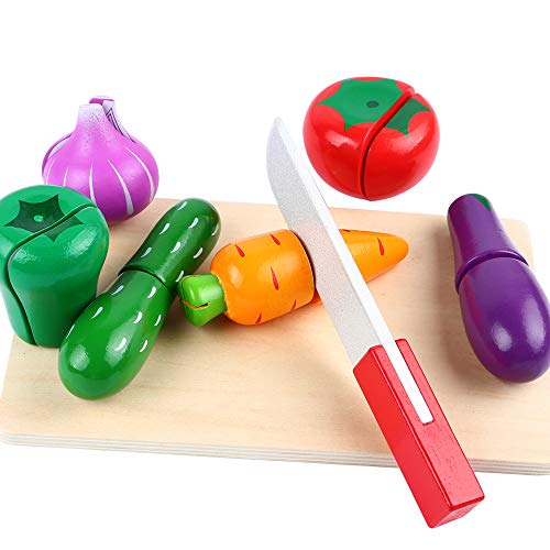 B&Julian Juego de corte de madera para verduras en colores 14 piezas para niños de 3 juguetes de cocina