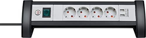 Brennenstuhl Premium-Office-Line regleta enchufes con USB y 4 tomas de corriente (cable de 1,8 m, interruptor iluminado, Made in Germany) negro/gris