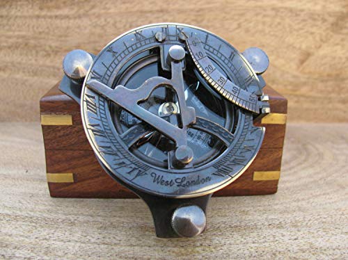 Brújula de 3 pulgadas de West London, de latón envejecido, hecha a mano, caja de madera, brújula náutica de trabajo para reloj de sol, brújula para escritorio, estilo vintage