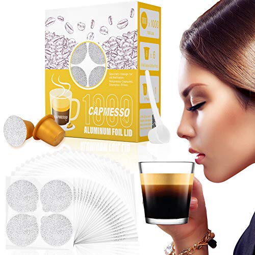 CAPMESSO Filtros Cápsulas de Café compatibles con Nespresso+ Tapas de Papel de Aluminio Autoadhesivas (1000 vainas + 6 Tapas + Cuchara)