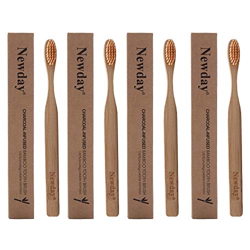 Cepillos de dientes de bambú 4 unidades, cepillo de dientes de madera natural orgánico cerdas suaves cepillo de dientes de carbón de bambú para el hogar y viajes