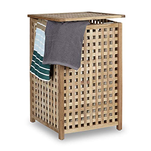 Cesto para ropa sucia Relaxdays de madera de nogal, canasta de almacenamiento con tapa, 67,5 x 45,7 x 45,7 cm, organizador de ropa sucia con bolsa de lino, capacidad de 75 l, natural