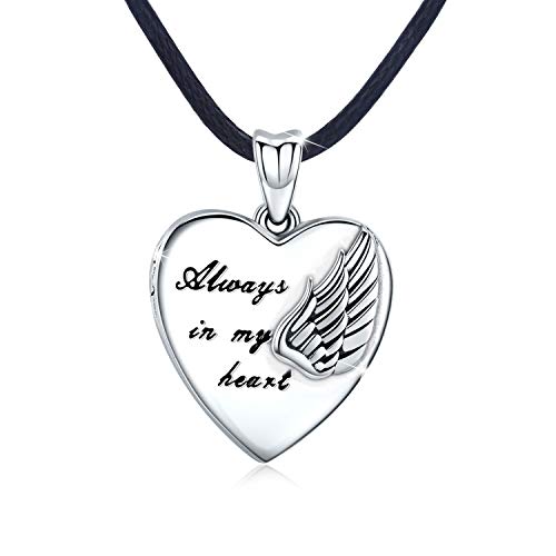 Collar de plata de ley con medallón que sostiene fotos, diseño de alas de ángel de la guarda, regalo para mujeres y niñas, con texto en inglés "Always in my heart"