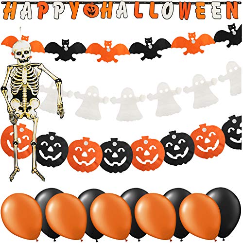 COM-FOUR® 15 piezas de decoración para Halloween - Vajilla de Halloween para niños - Halloween decoración infantil con garlanda, calabaza y más