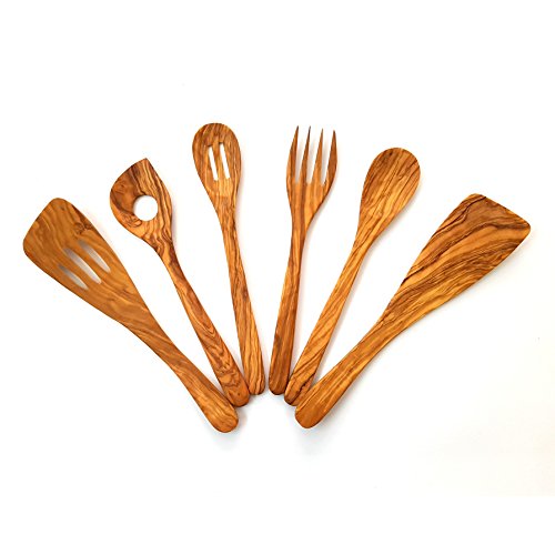 Conjunto de Utensilios de Cocina Fabricados artesanalmente con Madera de Olivo, 6 artículos. Formado por 2 Palas, 3 cucharas y 1 tenedore. Fabricación en España.