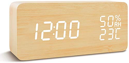 COOLEAD Reloj Despertador Digital, Reloj Digital Sobremesa con Temperatura Humedad 3 Grupos de Alarma, 3 Niveles de Brillo y Control de Sonido