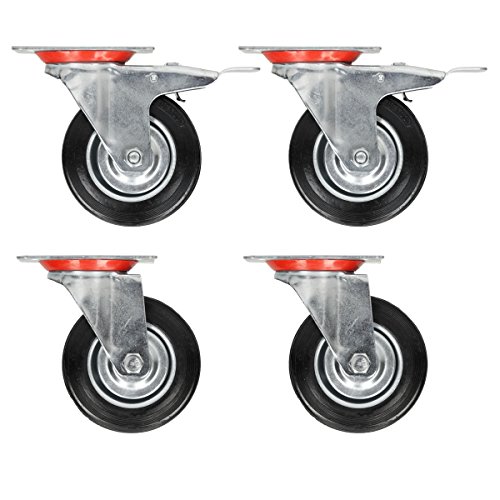 ECD Germany Juego de ruedas de transporte 4 piezas x 200 mm con capacidad de carga 820 kg/juego 2 ruedas ajustables + 2 ruedas giratorias con frenos de acero galvanizado y caucho sólido