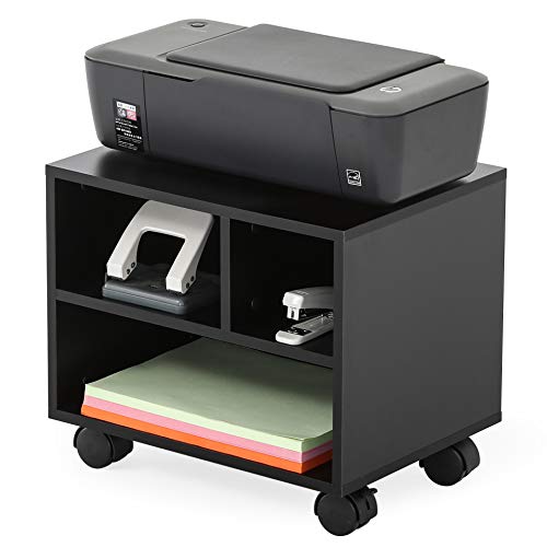 FITUEYES Soporte para Impresora con Ruedas 3 Compartimientos Madera Negro Carrito Organizador para Oficina Casa 40x30x35cm PS304003WB