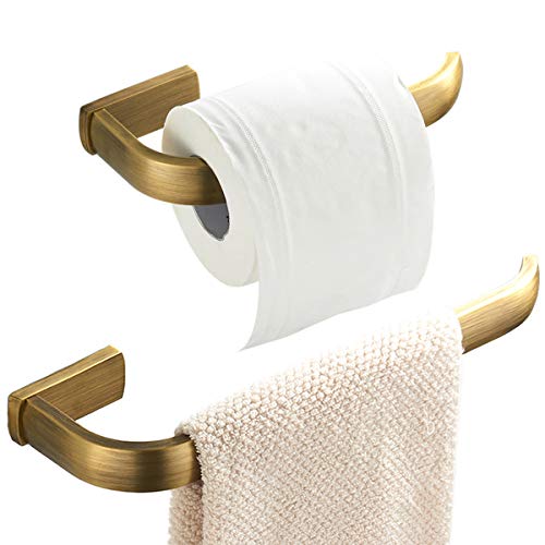 Flybath Juego de 2 accesorios de baño – Toallero y soporte para rollo de papel higiénico de latón envejecido montado en la pared, bronce cepillado
