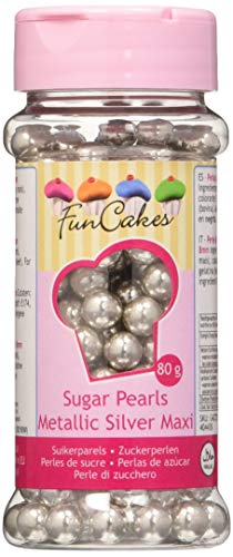 FunCakes Decoraciones de Perlitas de Azúcar Color Plata Metalizada de 8mm de Grosor para Decorar Tartas, Cupcakes, Galletas, Helados y otros Dulces 80g G42725