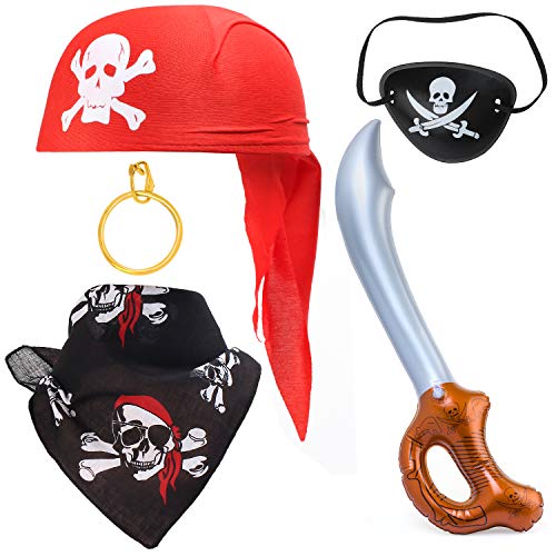 Haichen Juego de Accesorios para Disfraz de Pirata de 5 Piezas Sombrero de Calavera Bandana Pirata Parche en el Ojo Gancho Pendiente Espada Inflable Kit de Accesorios de Fiesta de Pirata