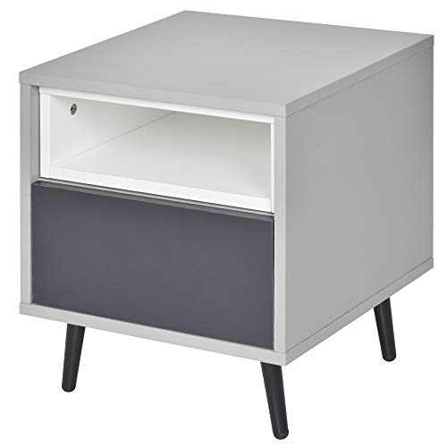 homcom Mueble bajo Mesita de noche con cajón y estante extraíble, patas de metal, para casa, oficina, gris y blanco, 40 x 40 x 45 cm