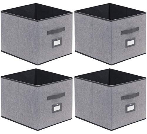 homyfort Caja de Almacenaje Set de 4 Cajas de Juguetes, Caja de Tela para Almacenaje con Cuero maneja y Etiqueta, 33 x 38 x 33 cm, Gris Lino, XDBXL04PLP