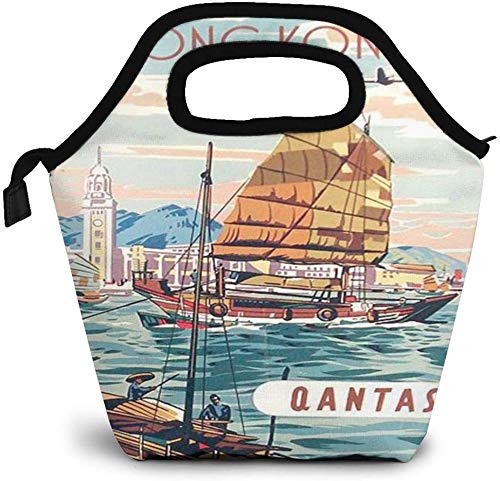 Hong Kong Qantas Vintage Travel Poster Bolsa de almuerzo aislada Caja Bento personalizada Enfriador de picnic Bolso portátil Bolsa de almuerzo para mujeres, niñas, hombres, niños