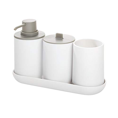 iDesign Set de baño, juego de 4 compuesto por dispensador de jabón, porta cepillo de dientes, algodonero y bandeja de plástico, accesorios de baño para el lavabo, blanco y gris