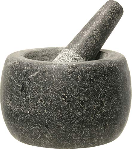 JADE TEMPLE Mortero de Piedra con Maja, Granito Macizo con 14 cm de diámetro y 10 cm de Altura, Gris