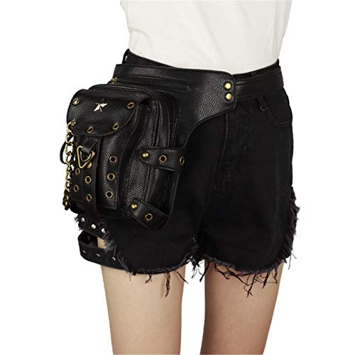 JOMSK Bolso de la Cintura Steampunk Black Fanny Pack Fashion Gothic PU Cuero Multifunción Bolsas de Pierna Muebles de Baño (Color : Black, Size : One Size)