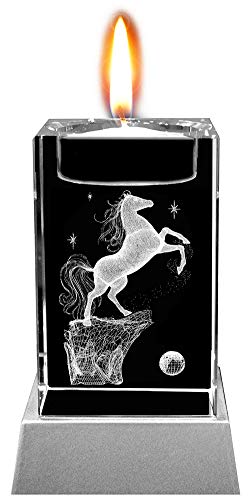 Kaltner Präsente - Portavelas de té con iluminación LED y soporte de cristal, diseño de caballo