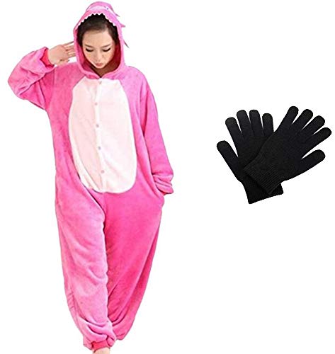 Kigurumi - Pijama de una pieza para disfraz de animal de Onesies para carnaval, Navidad, Halloween, fiestas, Cosplay de una pieza, cálido y suave con guantes de invierno Stitch rosa M