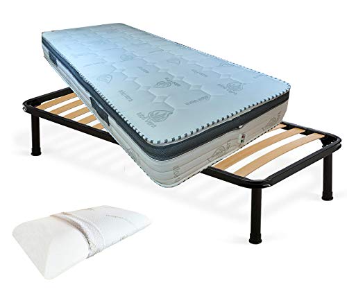 Kit de somier y colchón individual de 80 x 190 x 22 cm, colchón viscoelástico desenfundable, somier ortopédico y almohada de espuma viscoelástica H13 desenfundable aloe vera