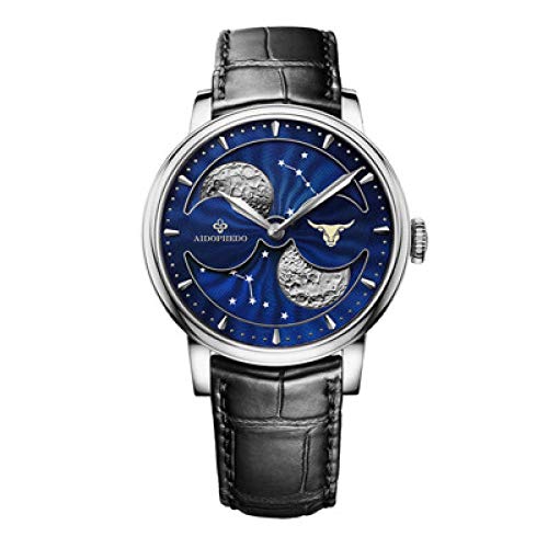 LIGUANGWEN Reloj Mecánico Automático Hombres Fase Deporte Esfera Azul Hombres S Reloj De Pulsera (Color : Taurus Silver)